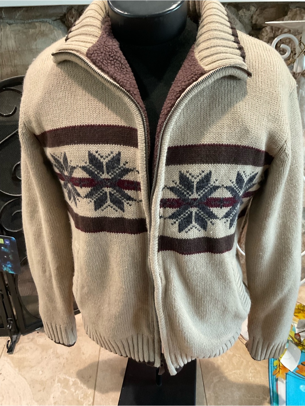Club Room Beige Zip Front Sweater with Brown and Navy Fair Isle